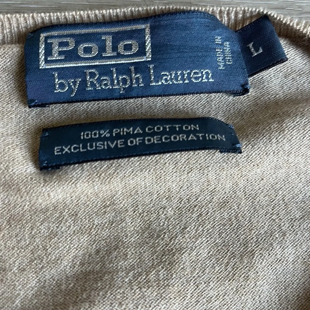 Vintage Polo Ralph Lauren V-Neck Pima Cotton Men's Sweater Large Camel Red Pony